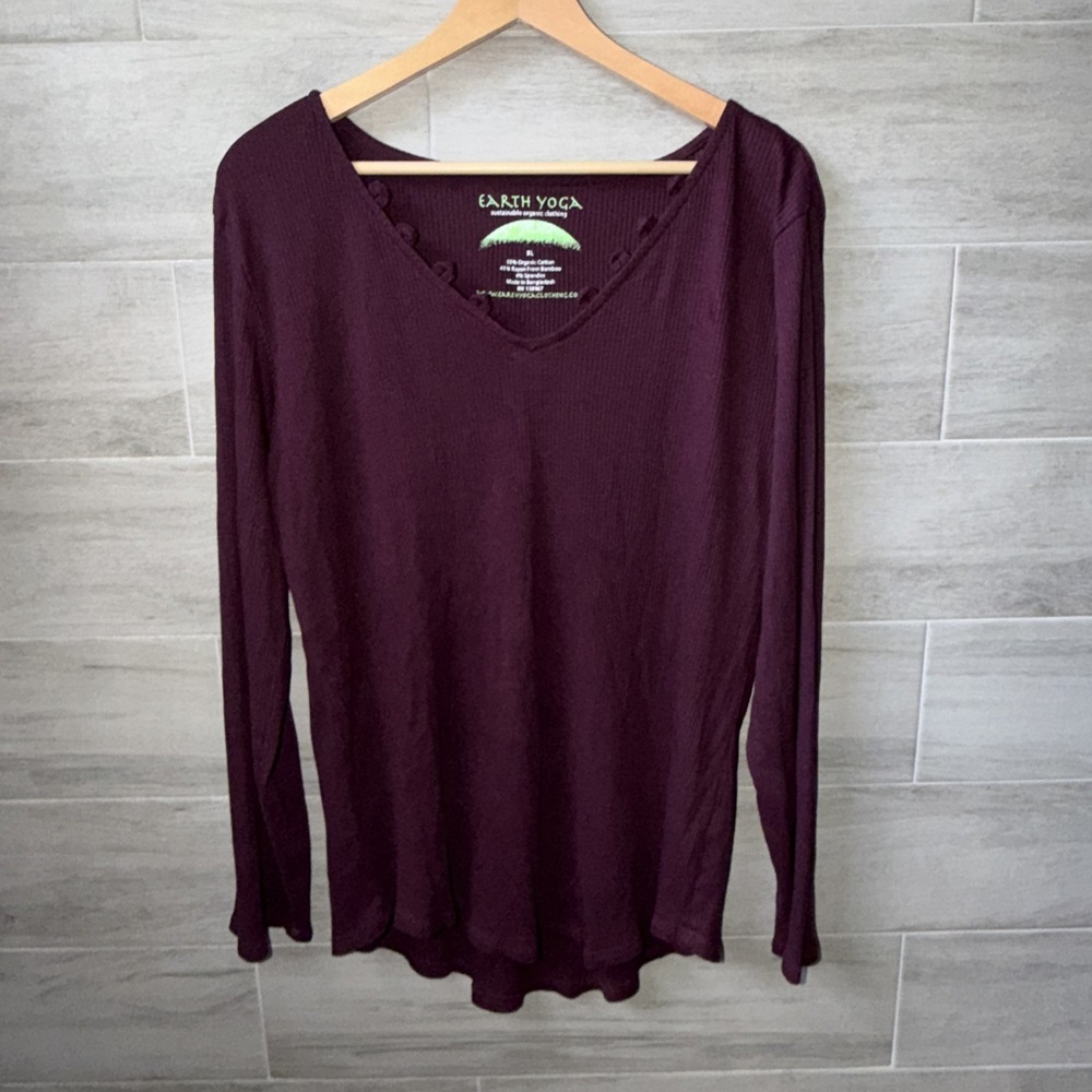 Earth Yoga V-Neck Top Women's XL Burgundy Organic Cotton Long Sleeve Pullover